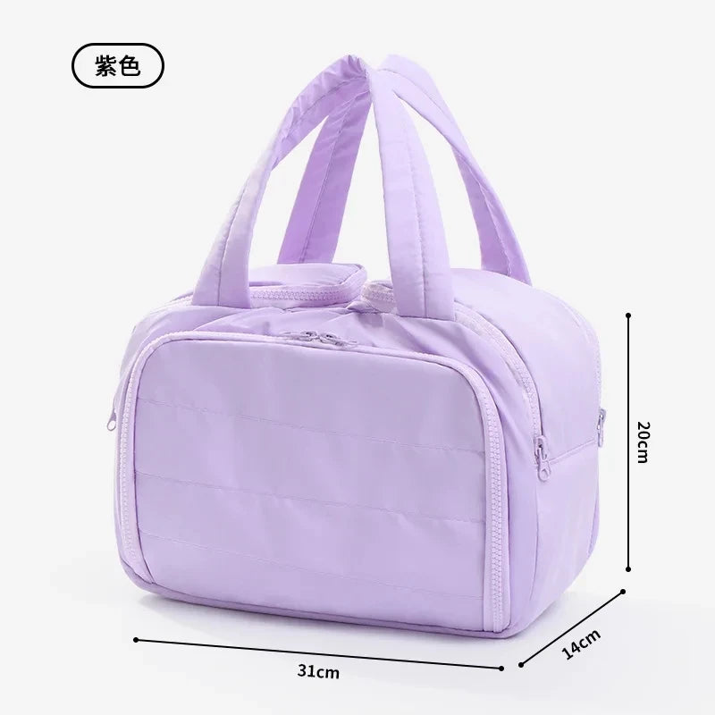 Purple handbag with measurements on a white background