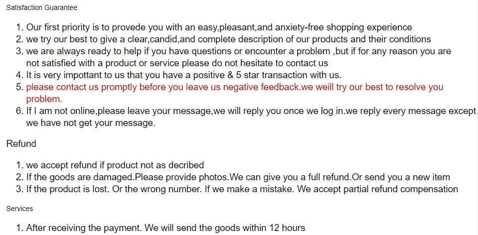 Text-based satisfaction guarantee and refund policy on a white background