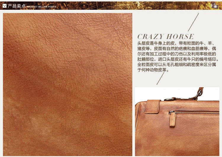 A product detail page showing a close-up of tan leather texture on the left and a small inset photo of a brown leather handbag on the right, with Chinese descriptive text and the brand name CRAZY HORSE.
