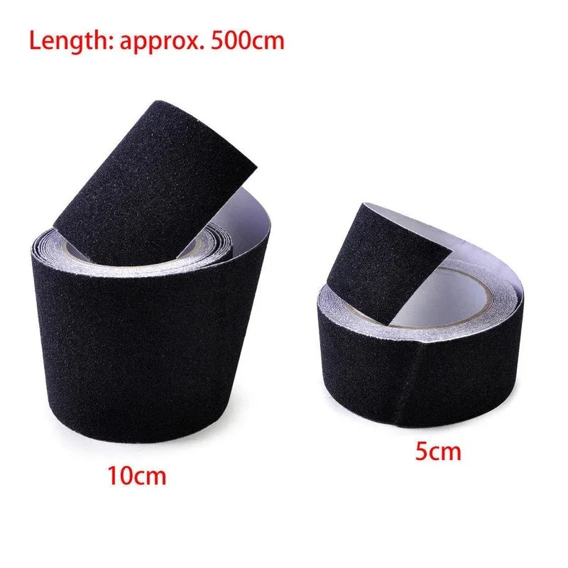 Two rolls of black adhesive tape shown on a white background, labeled 10cm and 5cm, with red text at the top stating 'Length: approx. 500cm'.