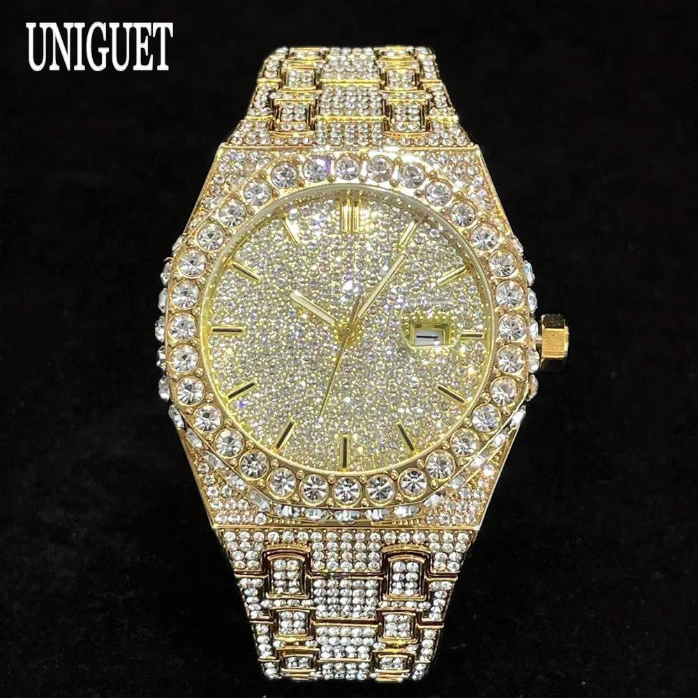 Gold watch with diamond-studded face and band on a black background, branded 'UNIGUET'.