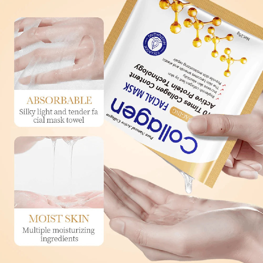 Collagen mask packaging with text on a beige background
