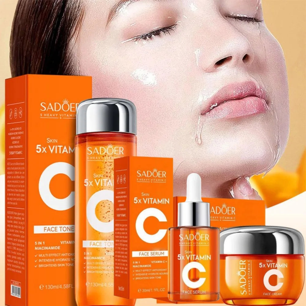 Sadoér skincare products with a close-up of a woman's face.