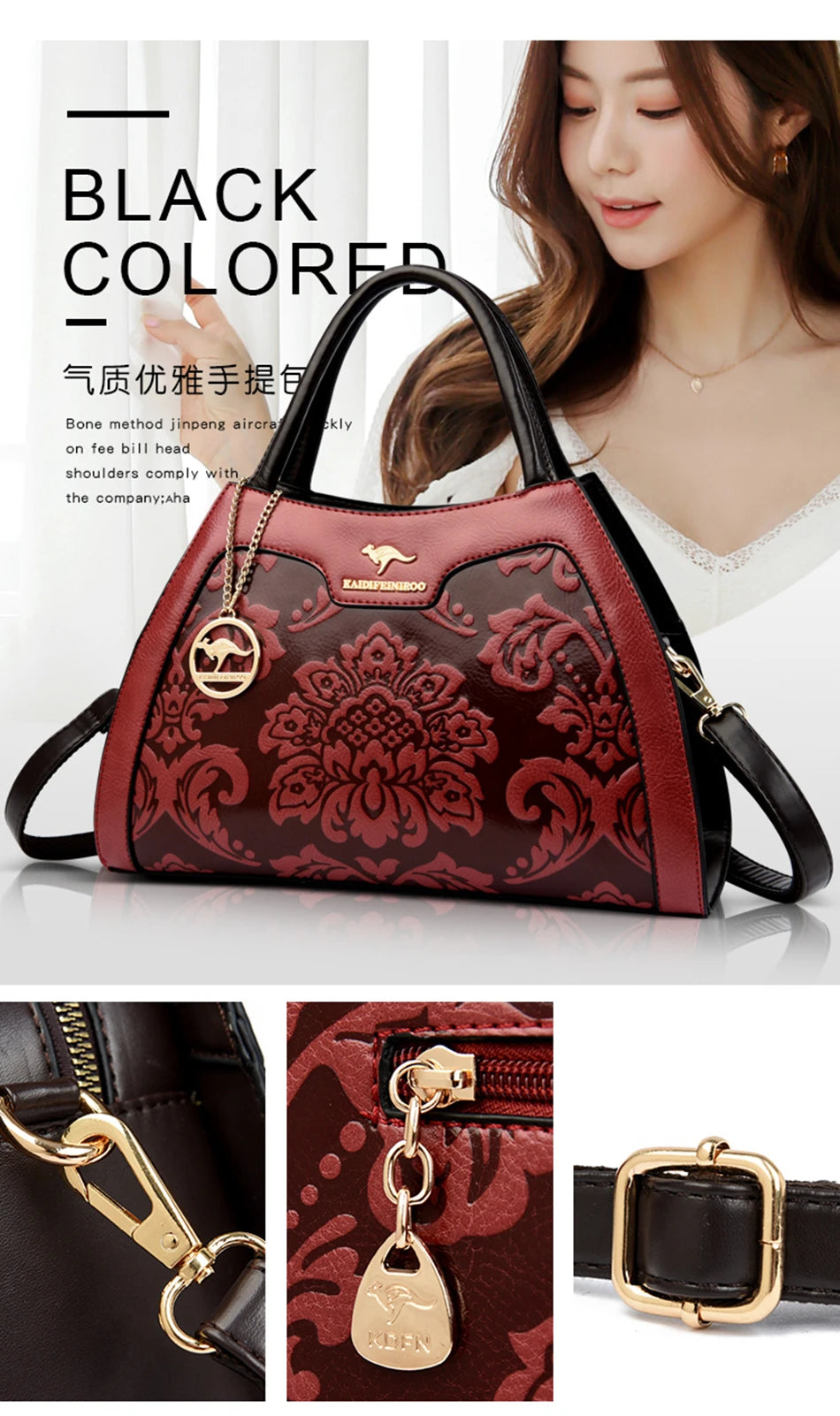 Red handbag with gold accents and a woman wearing it, on a white background.