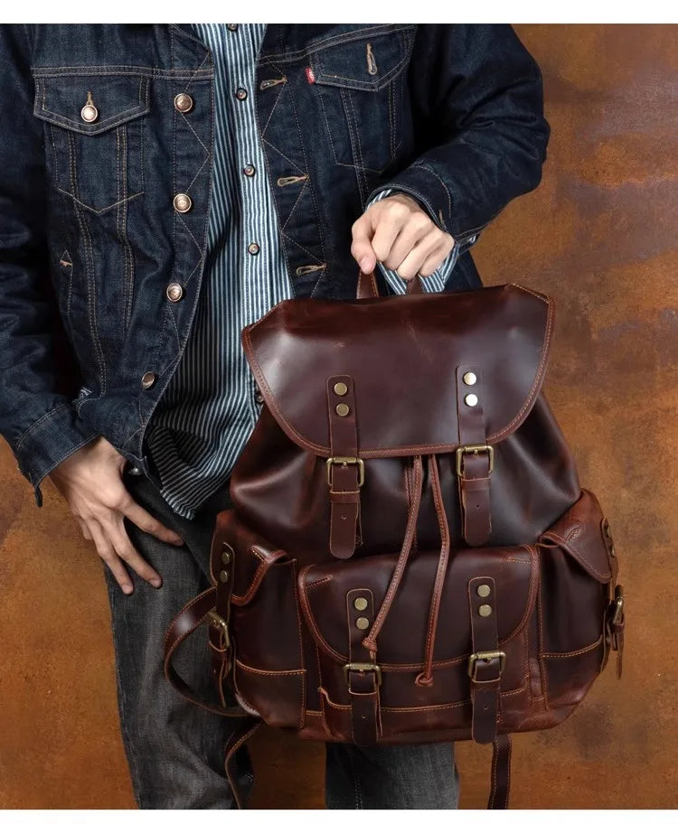 Retro crazy horse leather backpack men's large capacity travel bag fashion trend genuine leather backpack