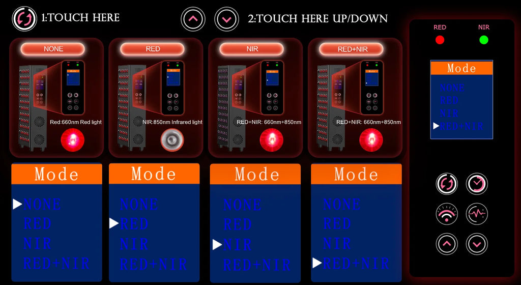 Control panel with various modes and settings on a dark background