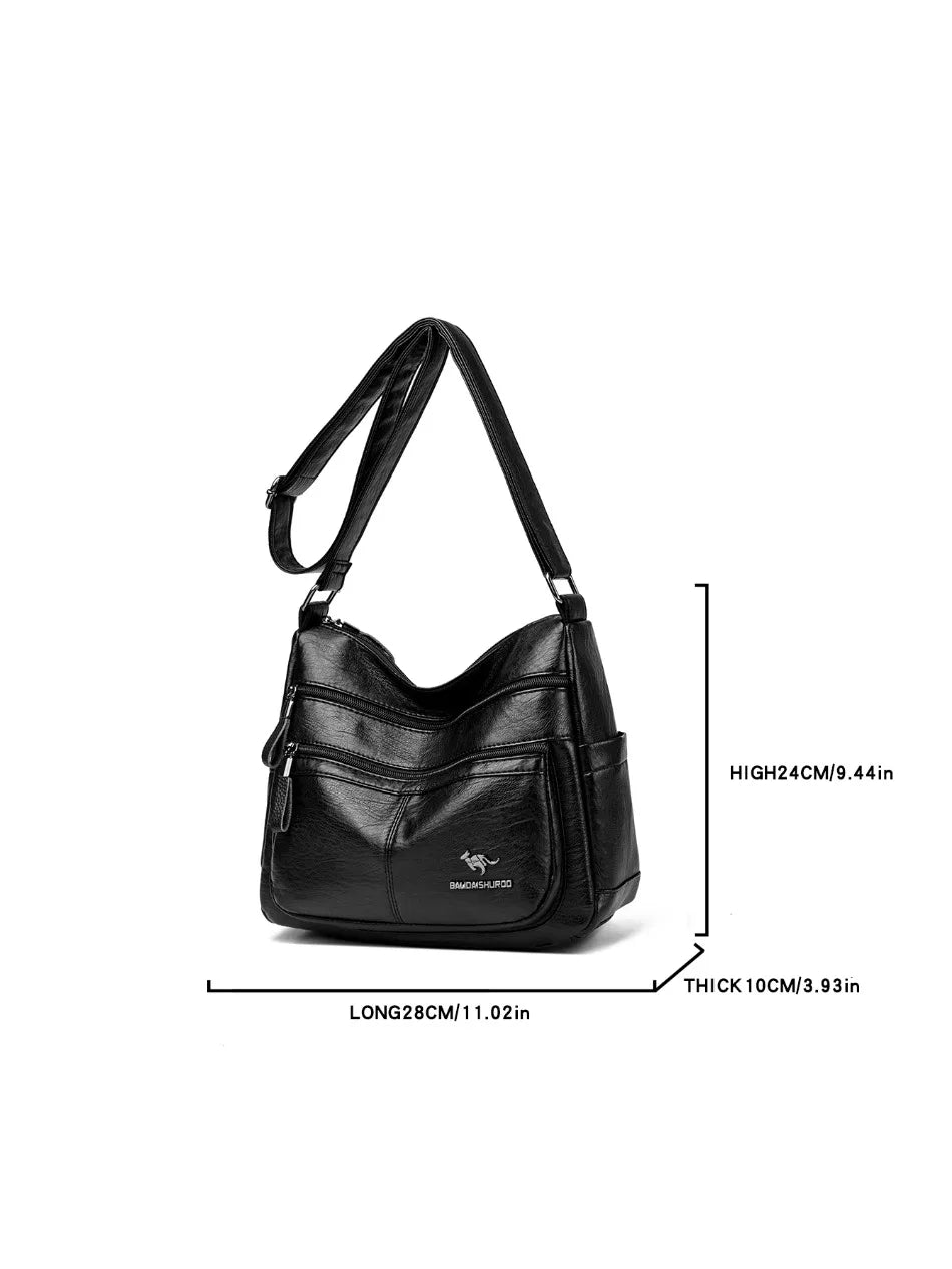 Black handbag with measurements on a white background
