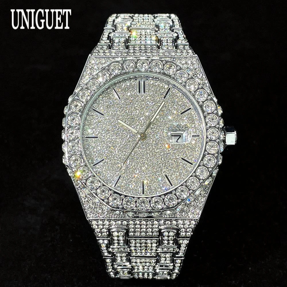 Luxury diamond-encrusted watch with 'UNIGUET' branding on a black background