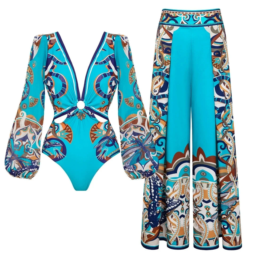 Vibrant Patterned Long Sleeve Bikini Set