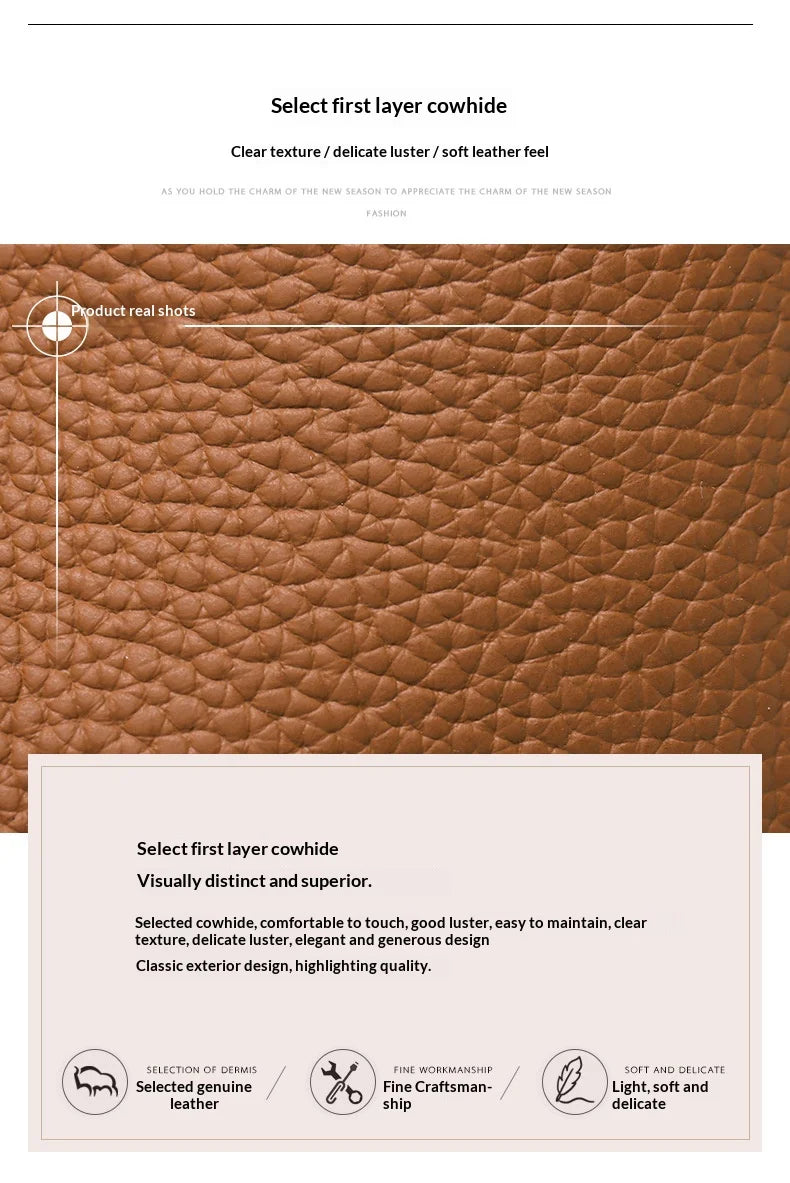 A product information graphic for cowhide leather, featuring a large brown textured leather panel in the center, with text and icons explaining selection and characteristics on a white background.