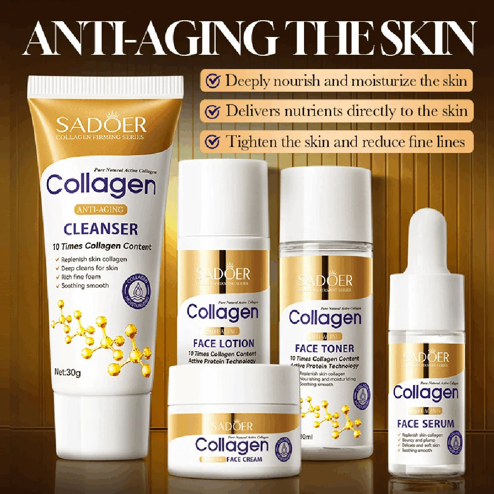Collagen skincare product set with cleanser, lotion, toner, cream, and serum on a brown background.