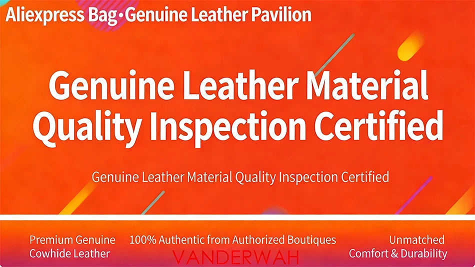 Promotional banner for genuine leather material quality inspection certified by Aliexpress Bag.