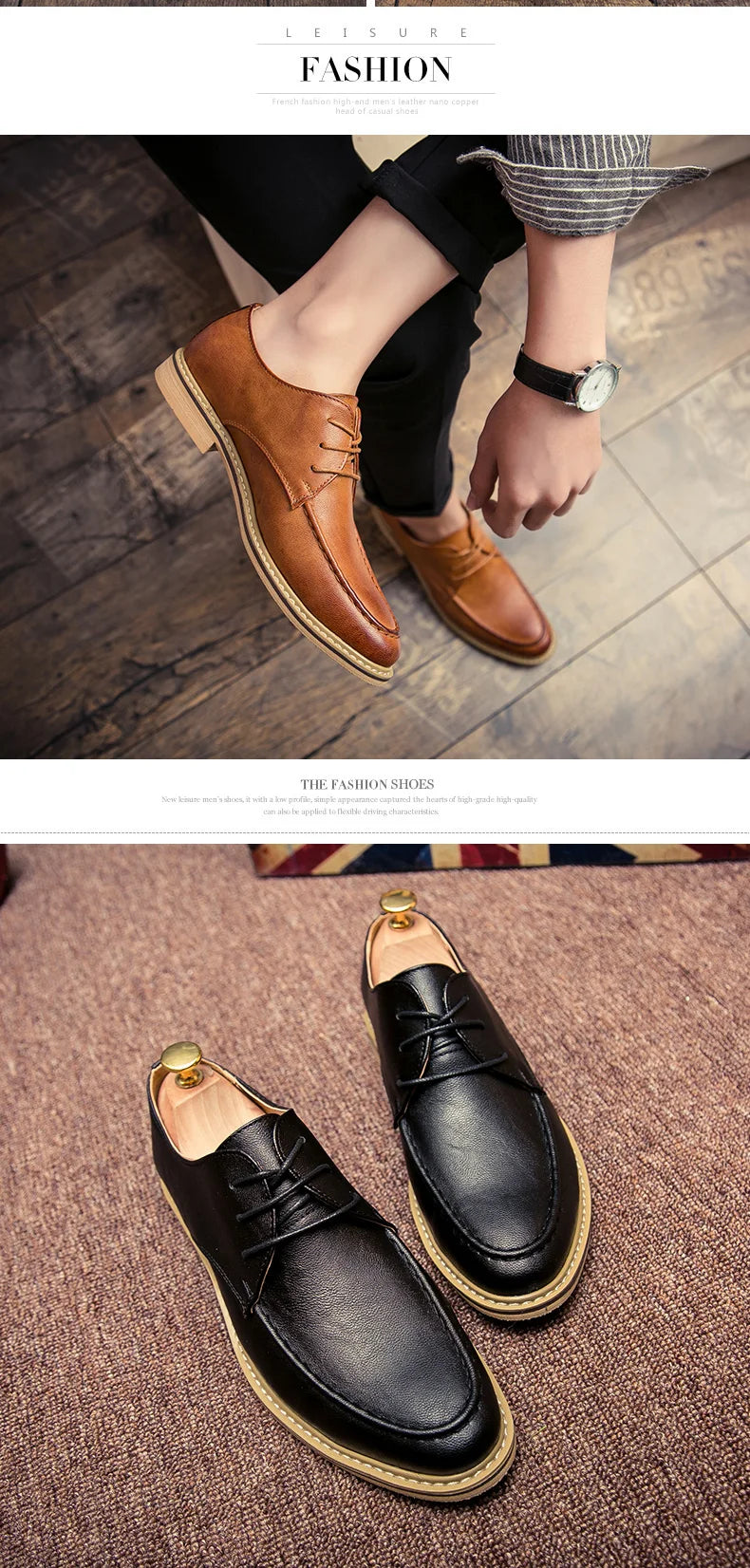 A two-panel product image showing men's loafers. The top panel shows a person wearing a brown leather loafer with a tan sole, sitting on a wooden floor.