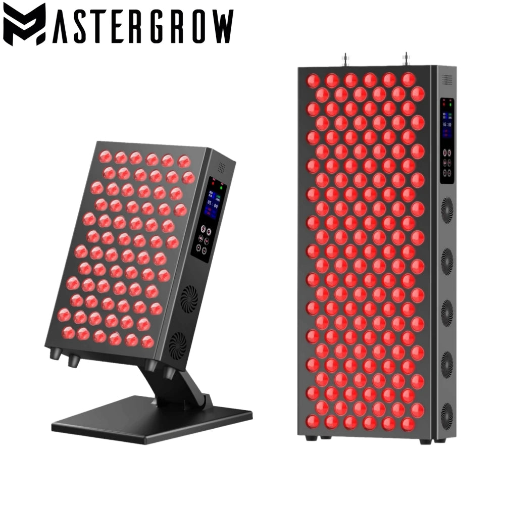 Two LED grow lights with red and black design on a white background, branded 'MasterGrow'.