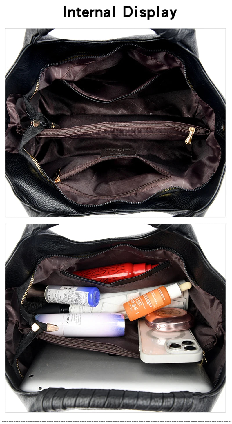 Black leather handbag with compartments and items inside
