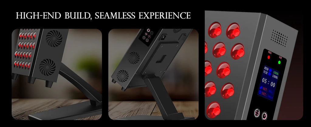 High-end electronic device with red lights and a control panel on a wooden surface.