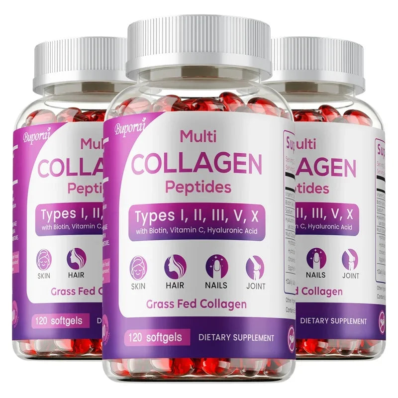Three bottles of Suporizi Multi Collagen Peptides on a white background