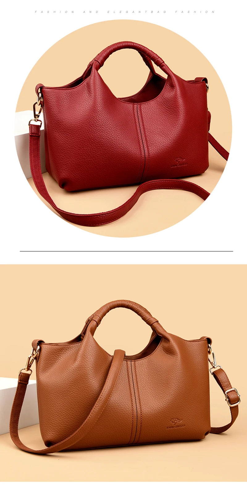 Two handbags, one red and one brown, on a beige background.