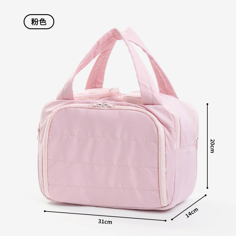 Pink handbag with measurements on a white background
