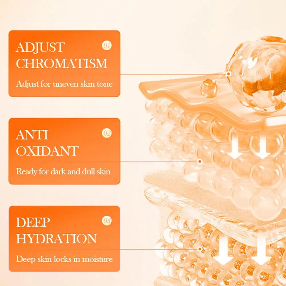 Cosmetic product with text on adjusting chromatism, being antioxidant, and deep hydration on a beige background.