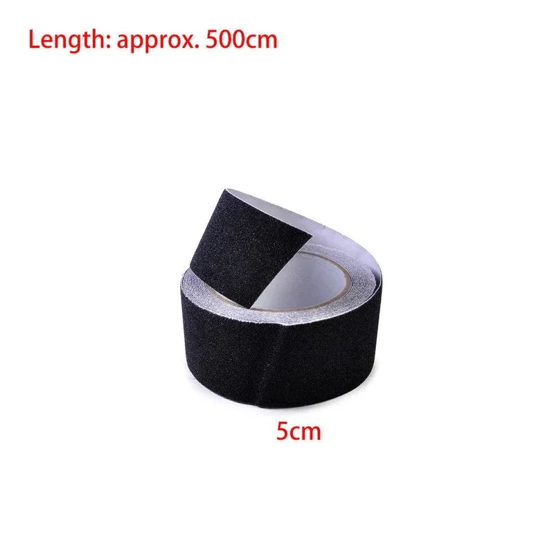 A roll of black textured adhesive tape with a silver backing, shown on a plain white background with red text indicating a length of approximately 500cm and a width of 5cm.