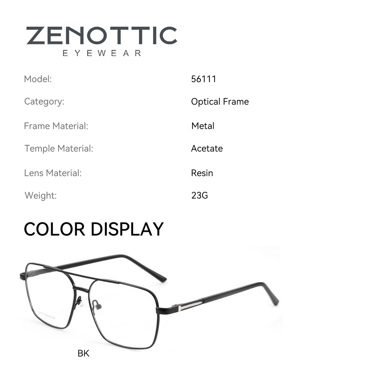 Zennottic eyewear product details with a black frame on a white background