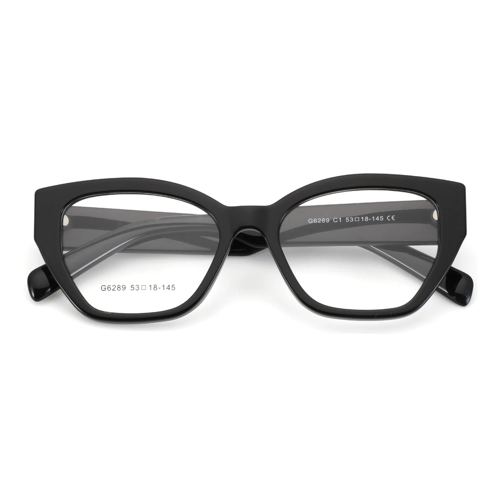 Black cat-eye eyeglasses with translucent dark gray lenses, shown from the front on a white background.