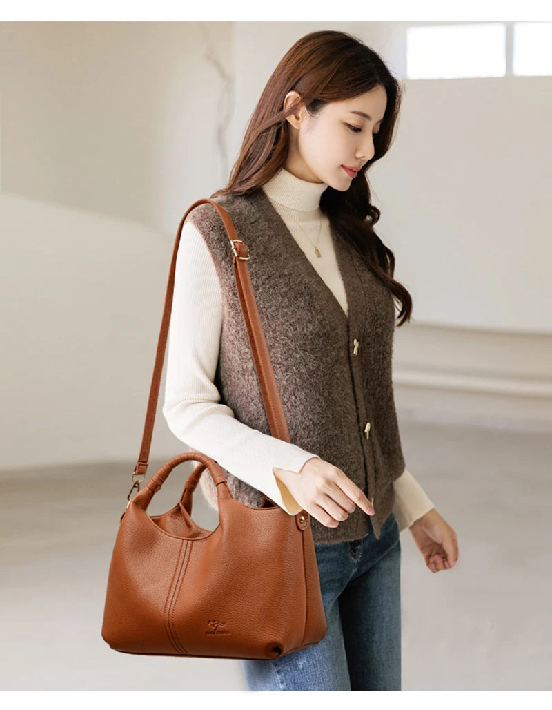 Women's Genuine Leather Bucket Bag with Crossbody Strap