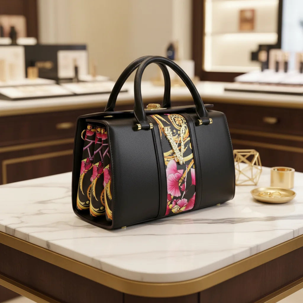 Black handbag with floral pattern on a marble surface