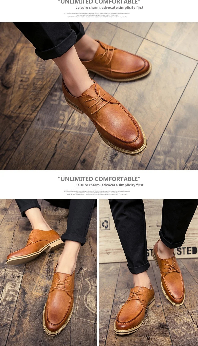 A three-panel collage showing a man wearing tan leather lace-up oxford shoes with black pants, standing on a rustic wooden floor. The panels include text banners at the top and bottom.
