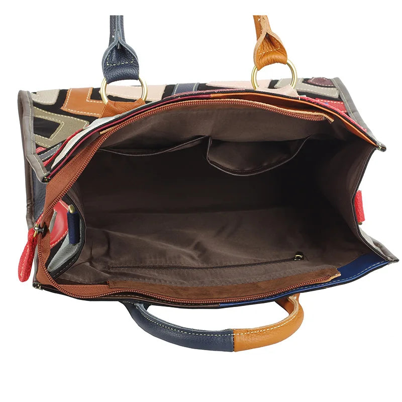 Women's Genuine Leather Color-Contrast Tote Bag