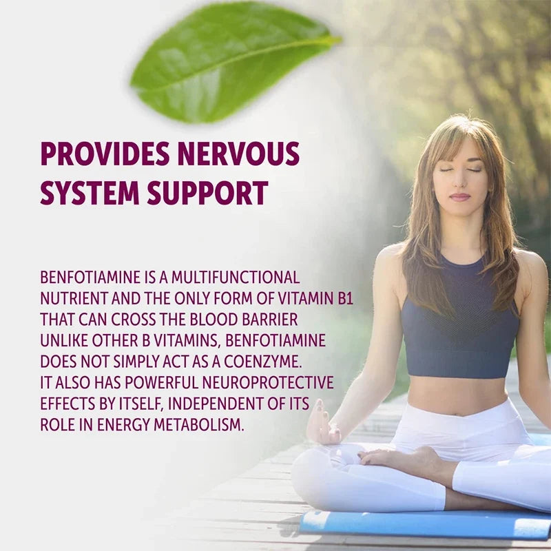 A woman in a navy blue sports bra and white leggings sits cross-legged on a blue yoga mat outdoors, meditating with her eyes closed. The image features text overlays on the left detailing the benefits of benfotiamine, including nervous system support, with a soft-focus background of trees and a green leaf.