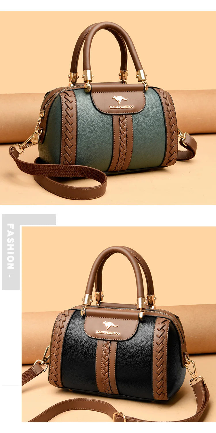 Two views of a structured handbag with a green and brown color-blocked design, braided leather details, and gold-tone hardware, set against a warm beige background.