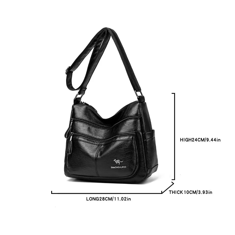 Black handbag with measurements on a white background