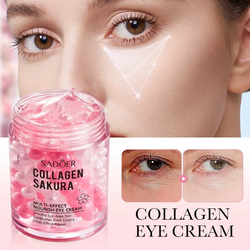 Collagen eye cream jar with close-up of a woman's eyes and before-and-after effects.