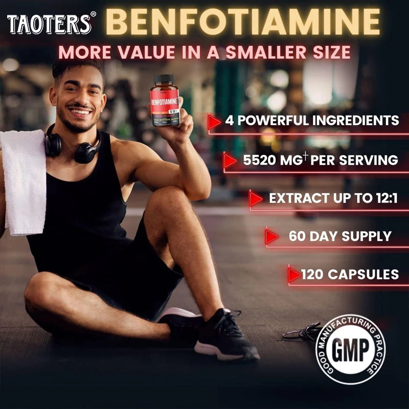 A man in a gym setting holds up a bottle of Taoters Benfotiamine. The image features promotional text highlighting key benefits such as '4 POWERFUL INGREDIENTS', '5520 MG+ PER SERVING', 'EXTRACT UP TO 12:1', '60 DAY SUPPLY', and '120 CAPSULES', along with a 'GMP' certification seal.