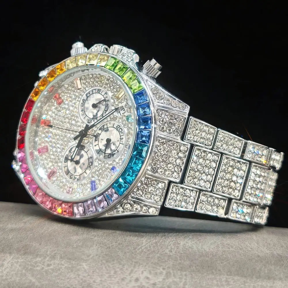 Luxury watch with colorful gemstones on a dark background