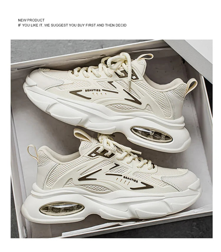 White sneakers with brand logo in a box, promotional text above.