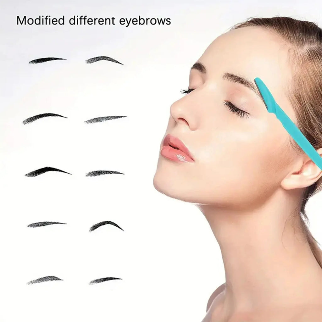 A woman in profile with her eyes closed, using a turquoise eyebrow grooming tool on her forehead. On the left, text reads 'Modified different eyebrows' above several black eyebrow shape examples on a white background.