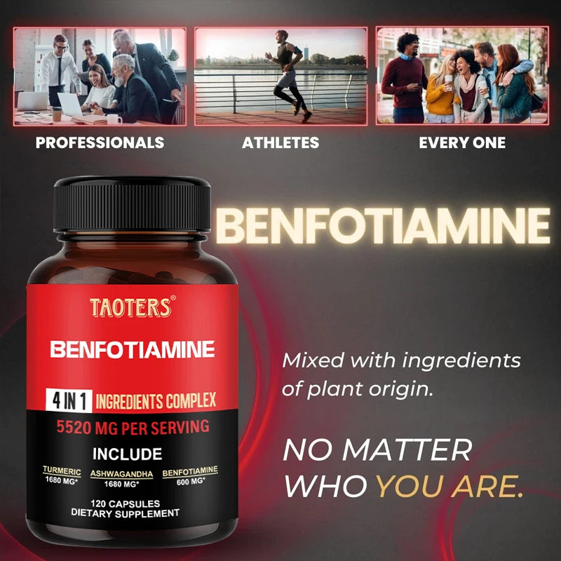 A bottle of Taoters Benfotiamine dietary supplement displayed on a dark promotional background with three lifestyle inset photos at the top showing professionals, athletes, and a group of people. The bottle is amber brown with a black cap and a red and black label.