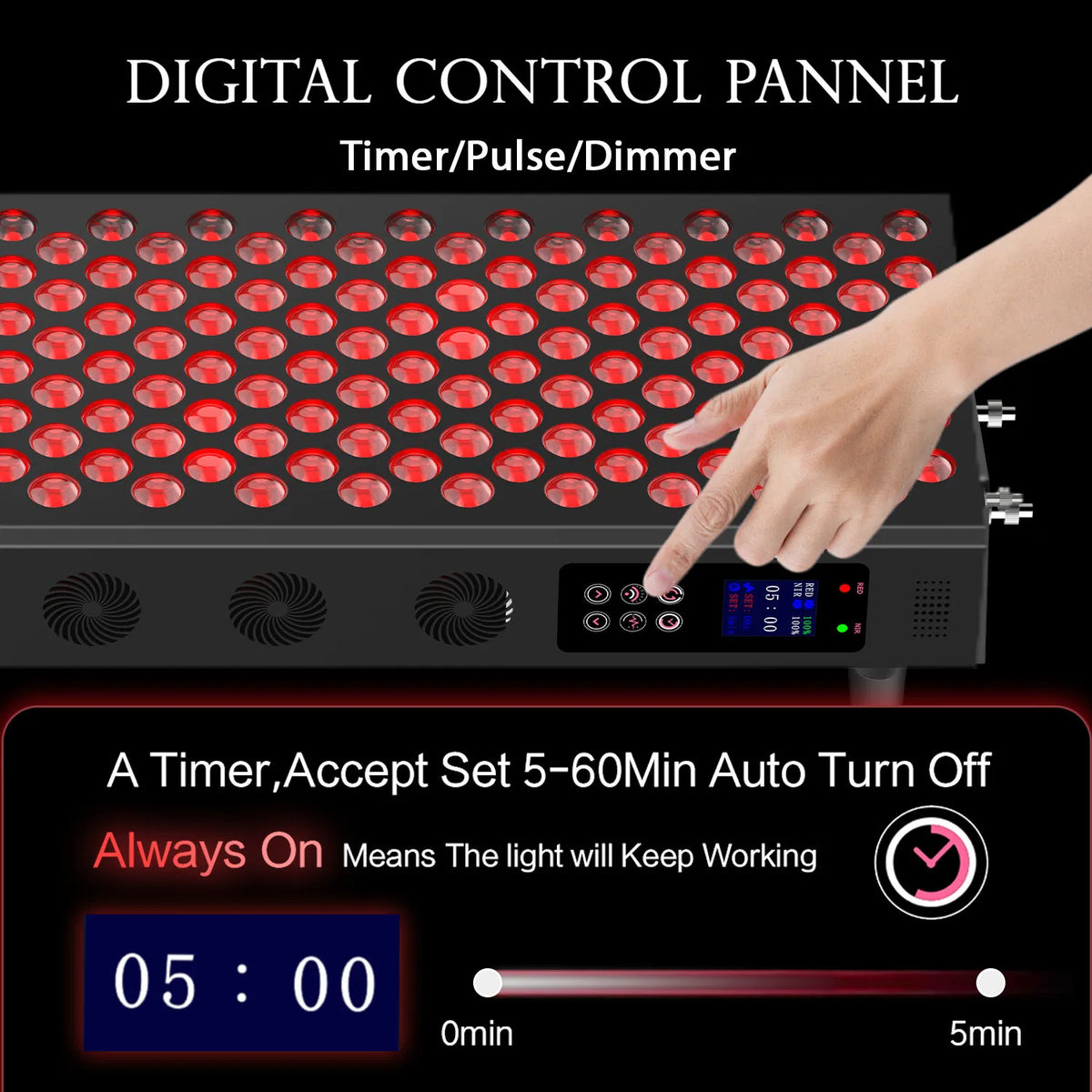 Digital control panel with red lights and a hand pressing a button, set against a black background.