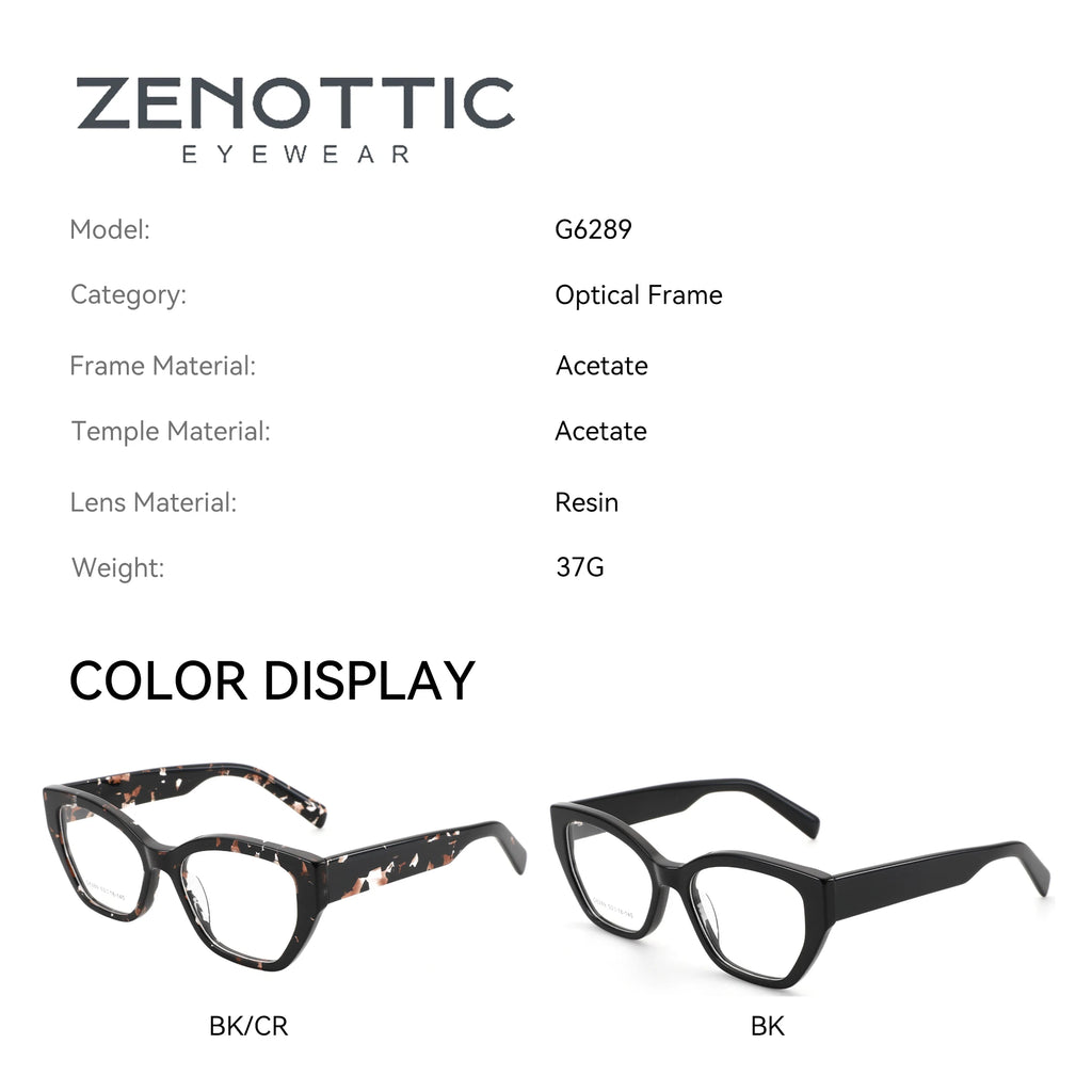 A product information graphic for Zenottic Eyewear model G6289, showing two pairs of acetate cat-eye eyeglasses on a white background. The left pair has a black and cream tortoiseshell pattern, and the right pair is solid black.