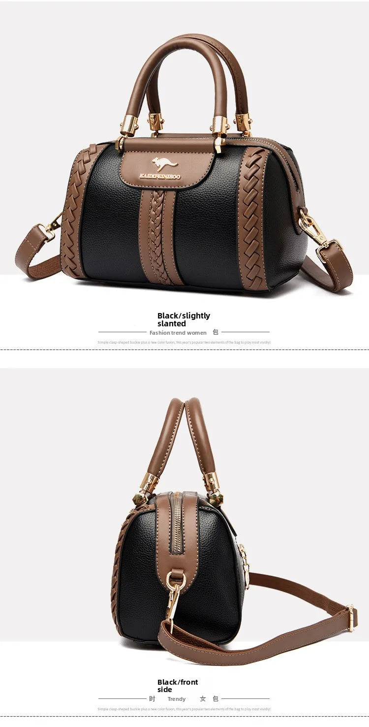 A structured black and brown handbag shown from two angles on a light gray background. The bag has a black body with brown braided side panels, double top handles, a front flap with a horse logo, and a shoulder strap.