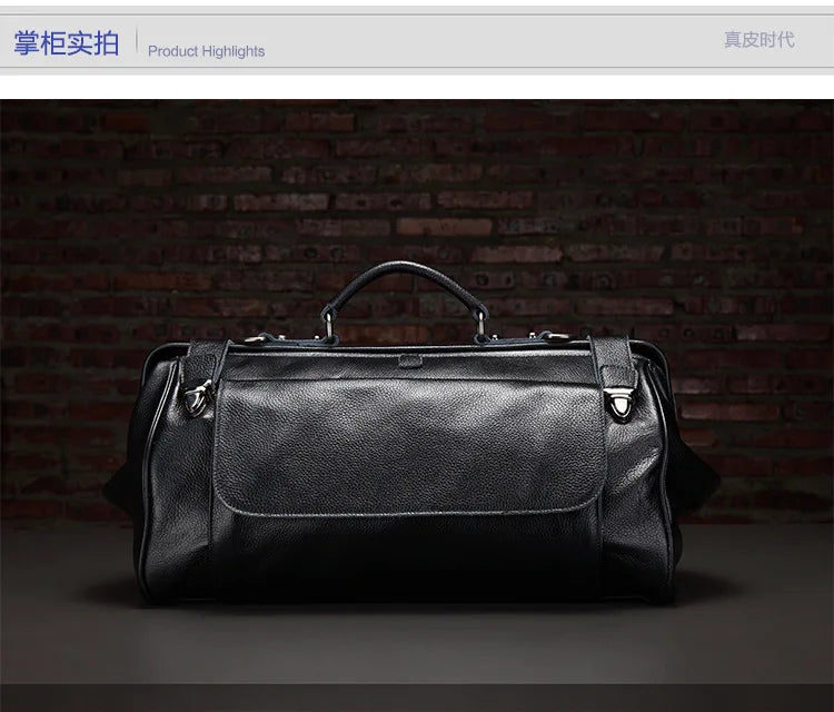 Black leather duffel bag on a dark background
