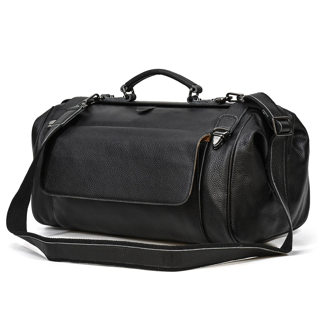 Black leather duffel bag on a white background