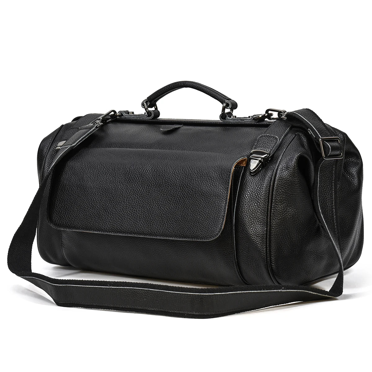 Black leather duffel bag on a white background