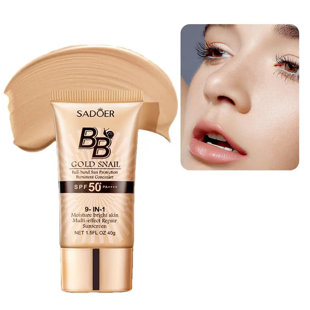 Sadoer BB cream tube with a swatch and close-up of a woman's face.