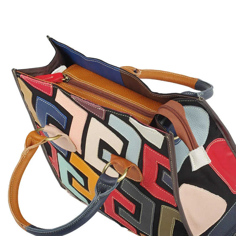 Women's Genuine Leather Color-Contrast Tote Bag