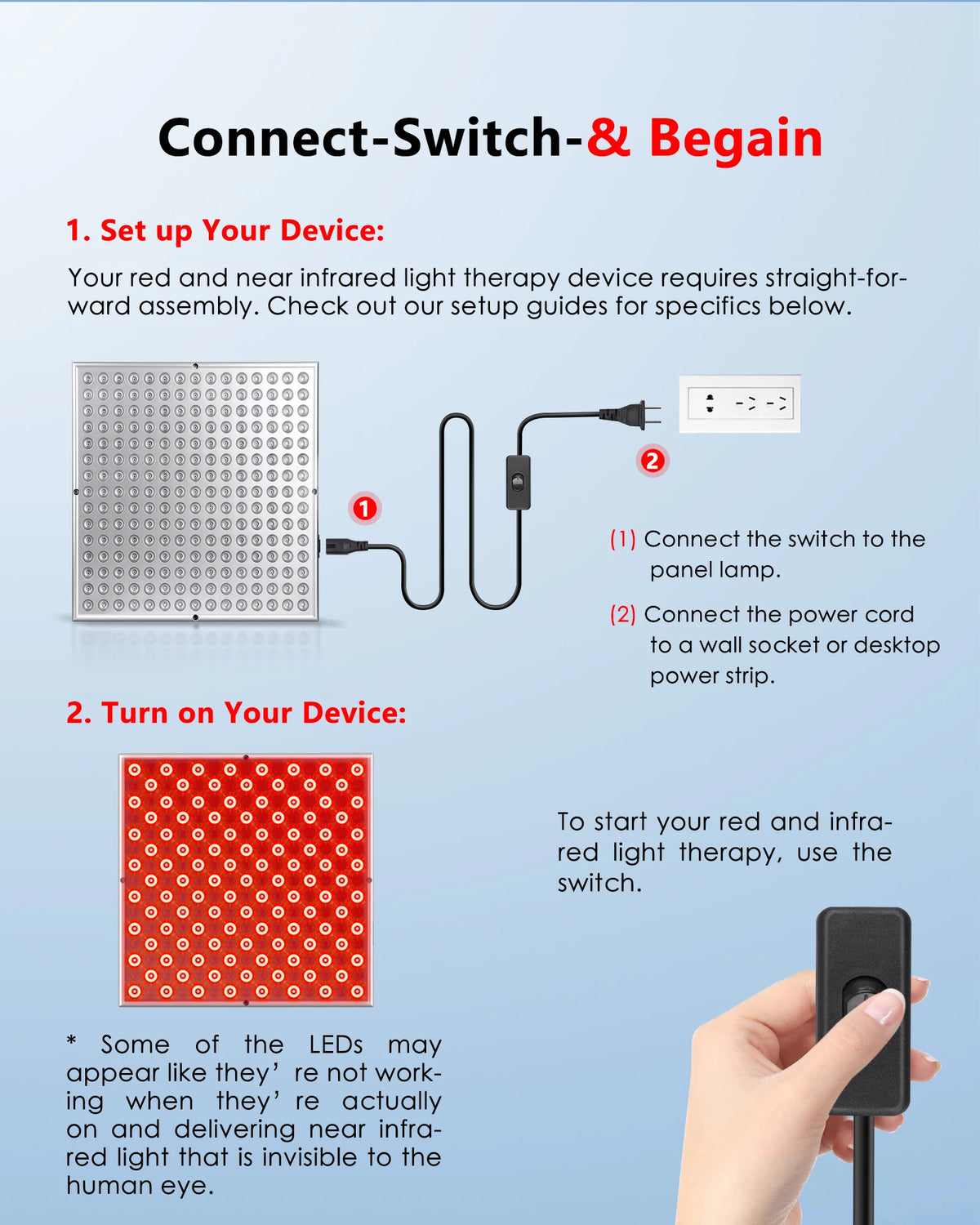 Instructions for setting up and using a red and near infrared light therapy device.