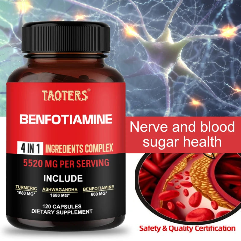 A bottle of TAOTERS Benfotiamine dietary supplement shown against a background of glowing neurons and blood vessel graphics. The bottle is amber brown with a black cap and a red and black label.